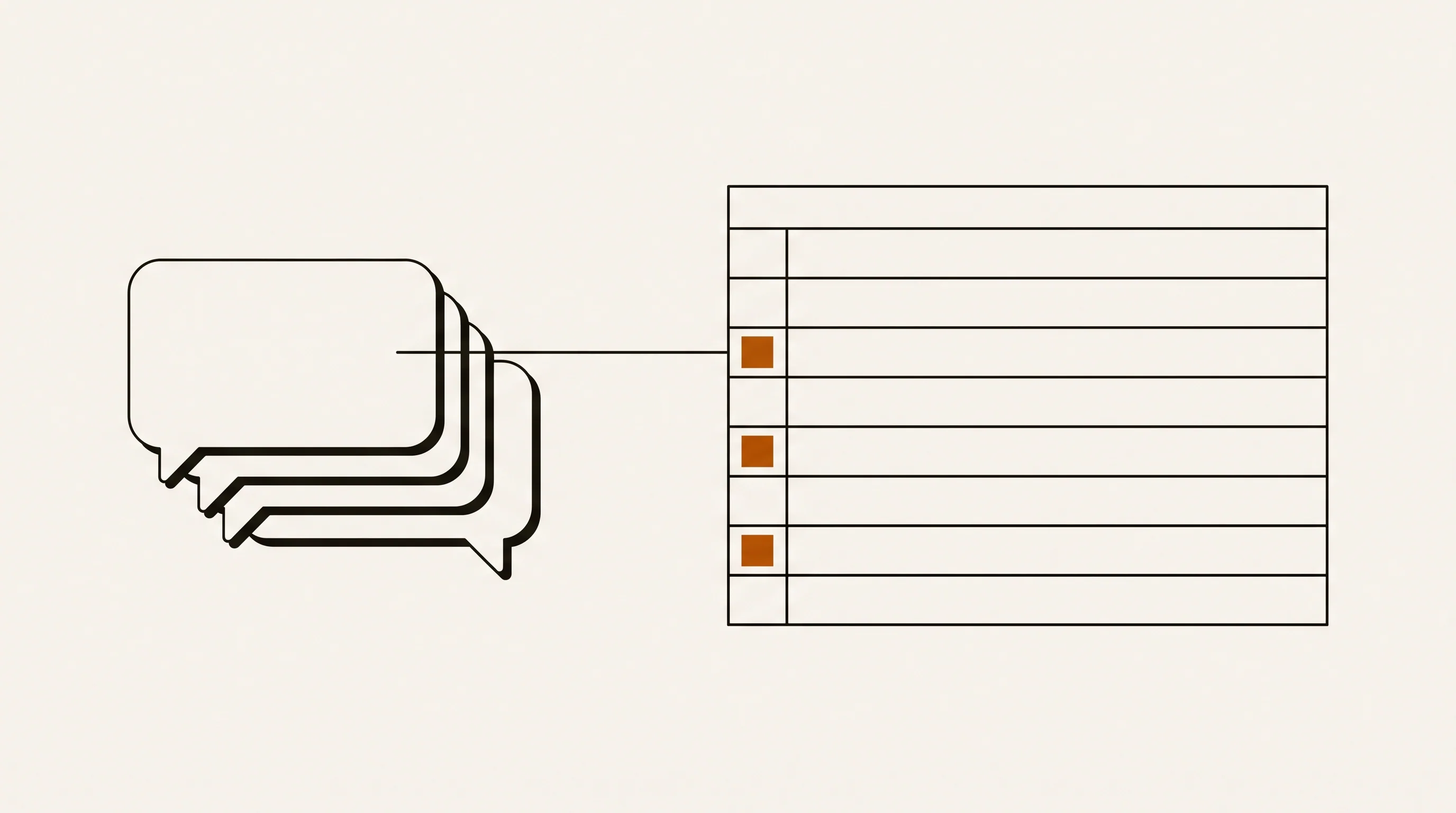 Illustration: a stack of chat bubbles feeding a structured record whose fields are being populated.